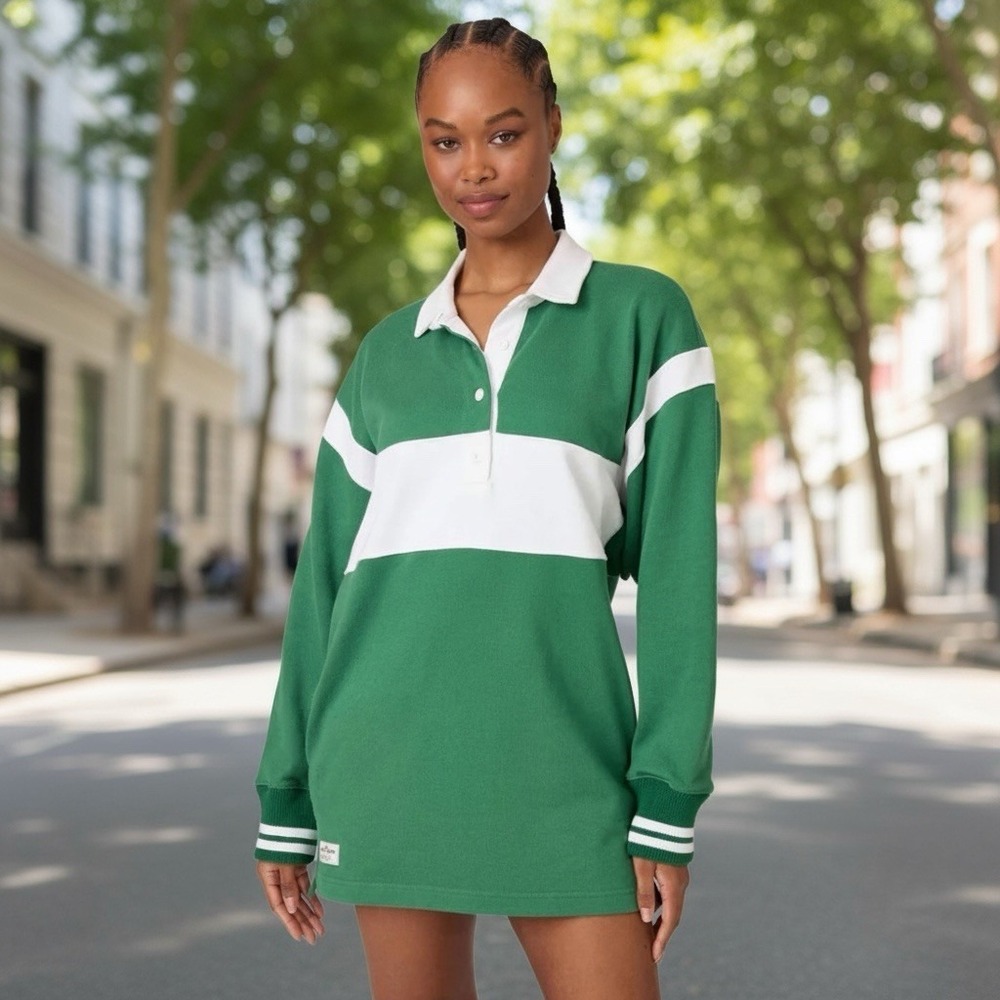 ROWING BLAZERS Women's Med Stripe Rugby Jersey Dress Green Heavy Organic Cotton